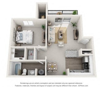 3d furnished floor plan  2 bedroom  1305 square feet